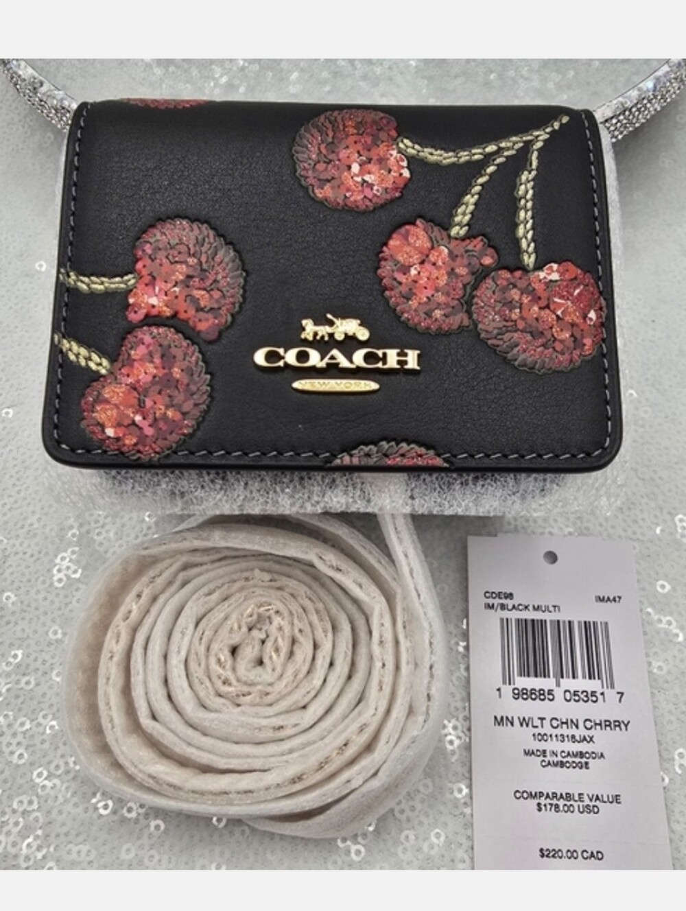 Coach Mini Wallat On A Chain Sequined Cherry Print Black Leather Crossbody - Picture 9 of 14